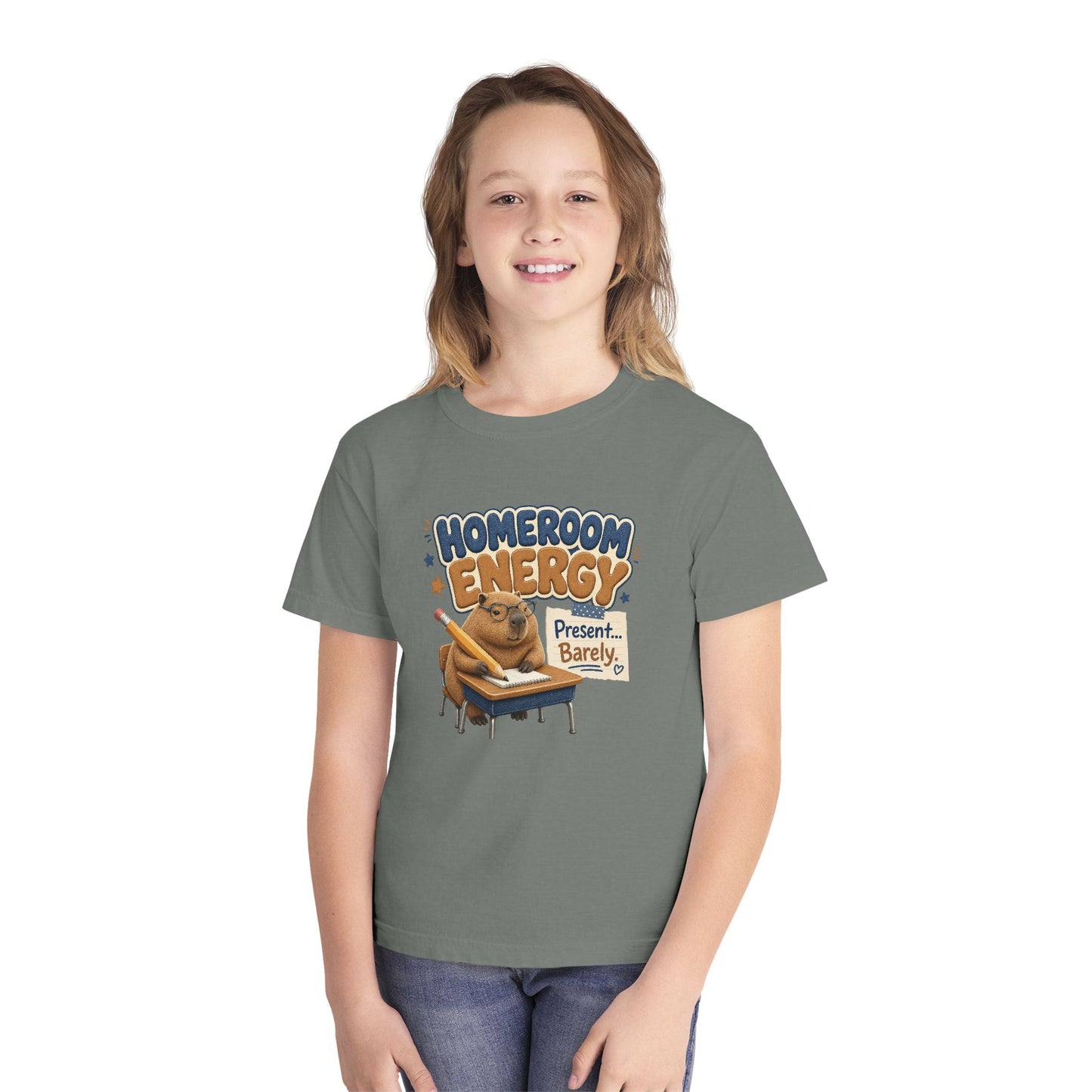 Homeroom Energy Sloth on Desk Youth Tee | Funny School Illustration