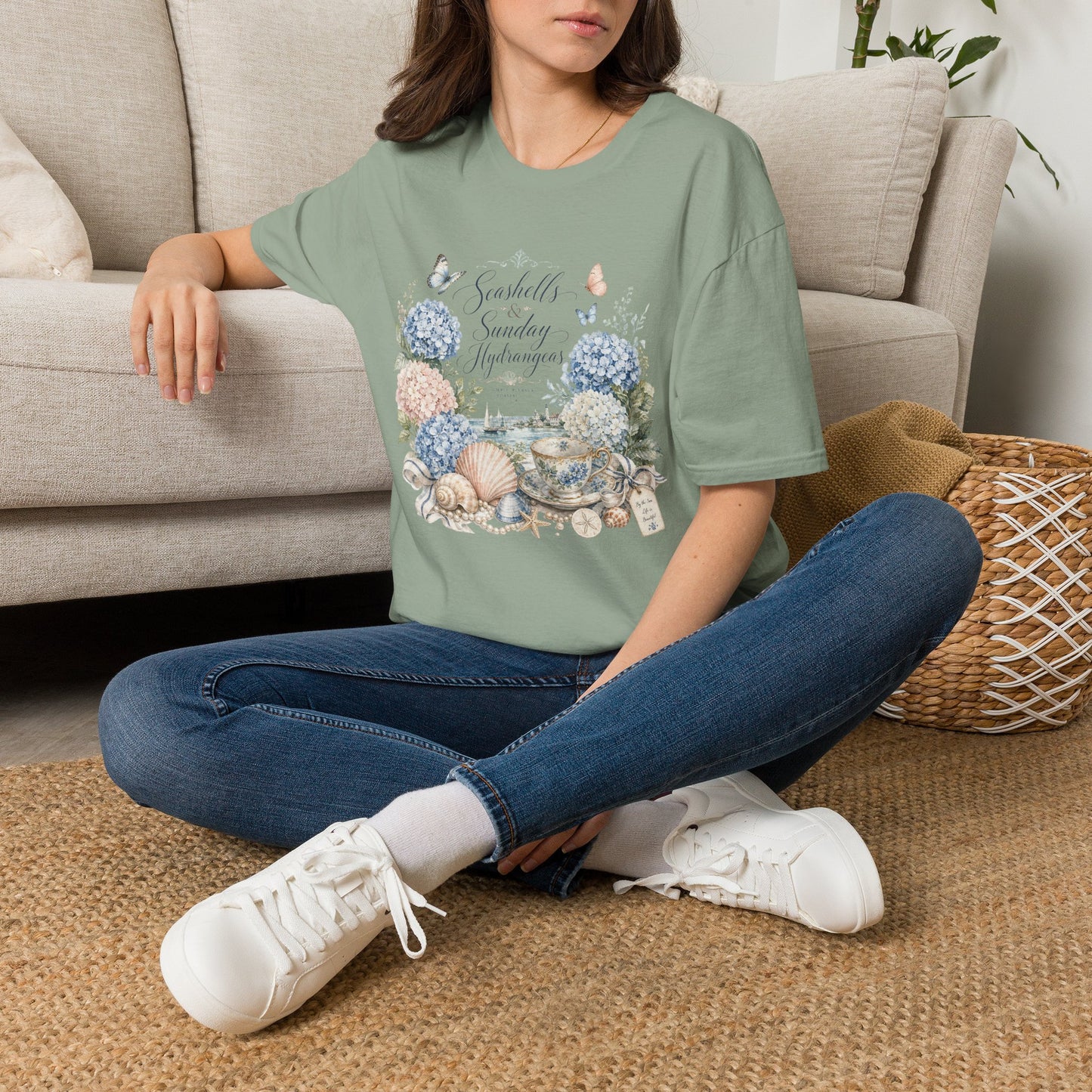 Seashells & Sunday Hydrangeas T-Shirt | Floral Coastal Cottage Shirt
