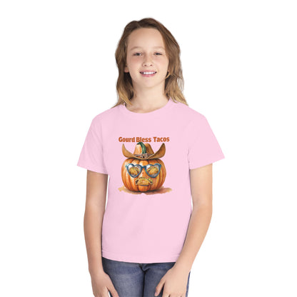 Whimsical Fall Youth Tee - Gourd Bless Tacos, Halloween Shirt, Kids Autumn Apparel, Thanksgiving Humor Top, Funny Seasonal Gift