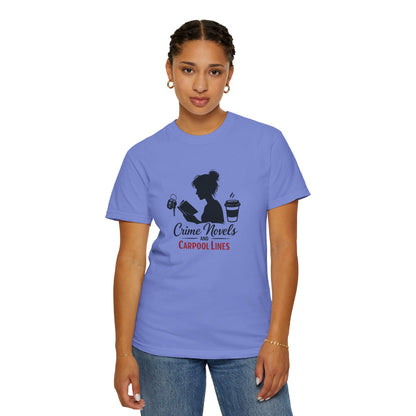 Crime Novels and Carpool Lines T-shirt | Reading Mom Silhouette, Coffee Graphic