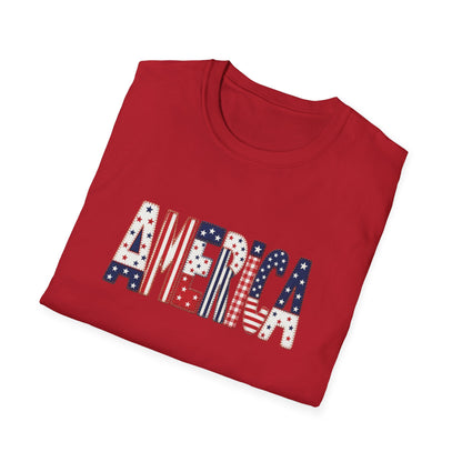American Flag Patchwork Style Letters T-Shirt | Patriotic Fourth of July Tee