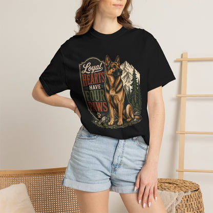Loyal Hearts Have Four Paws German Shepherd T-shirt | Mountain Forest Dog Design