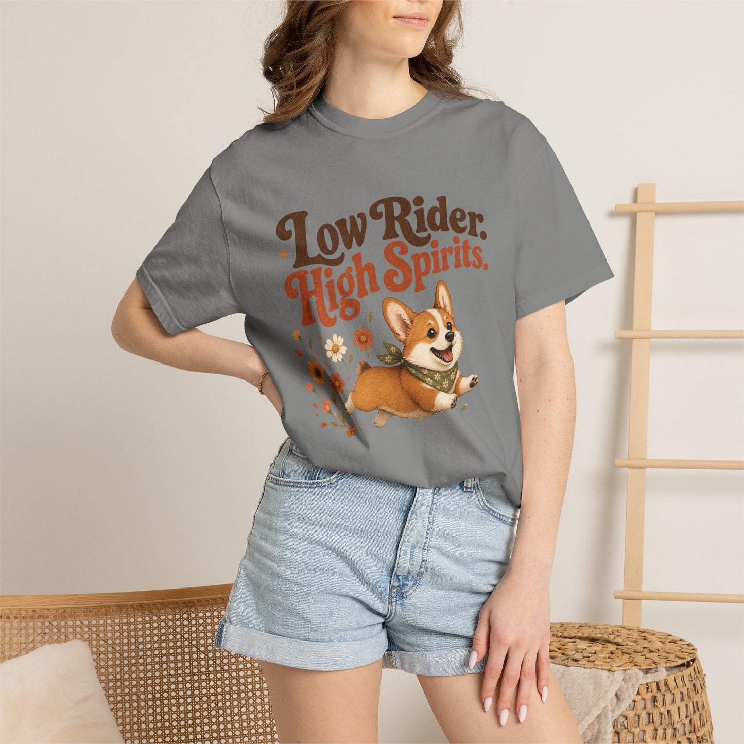 Low Rider High Spirits Corgi T-Shirt | Running Corgi Illustration, Autumn Leaves