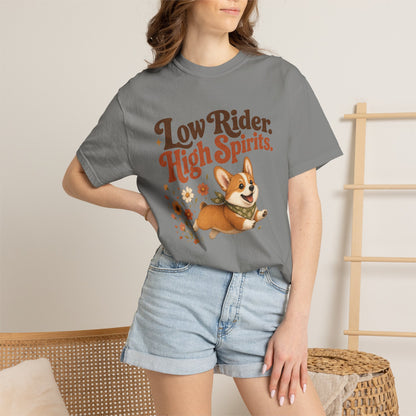 Low Rider High Spirits Corgi T-Shirt | Running Corgi Illustration, Autumn Leaves