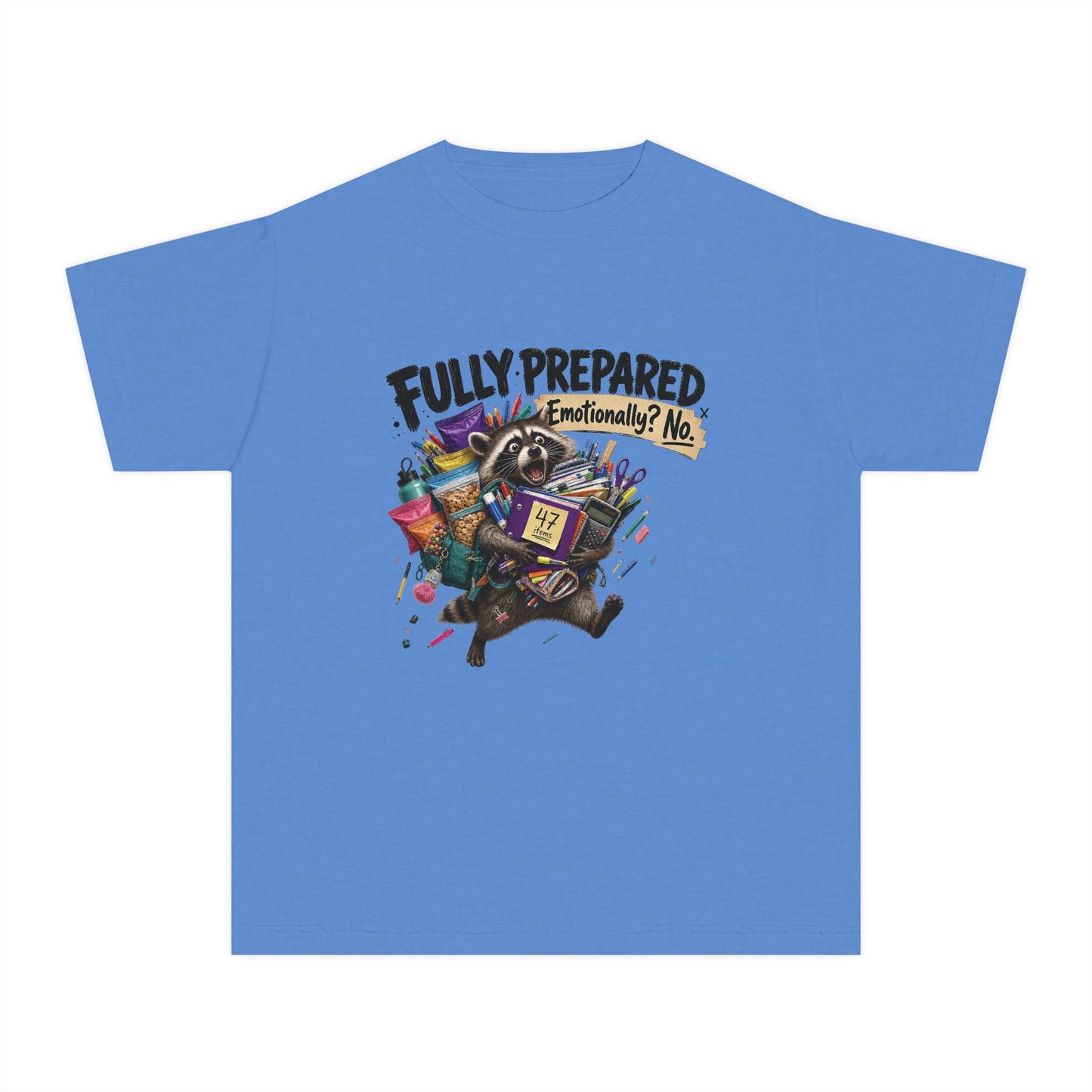 Fully Prepared Raccoon Supplies T-Shirt | Funny Back-to-School Kids Tee