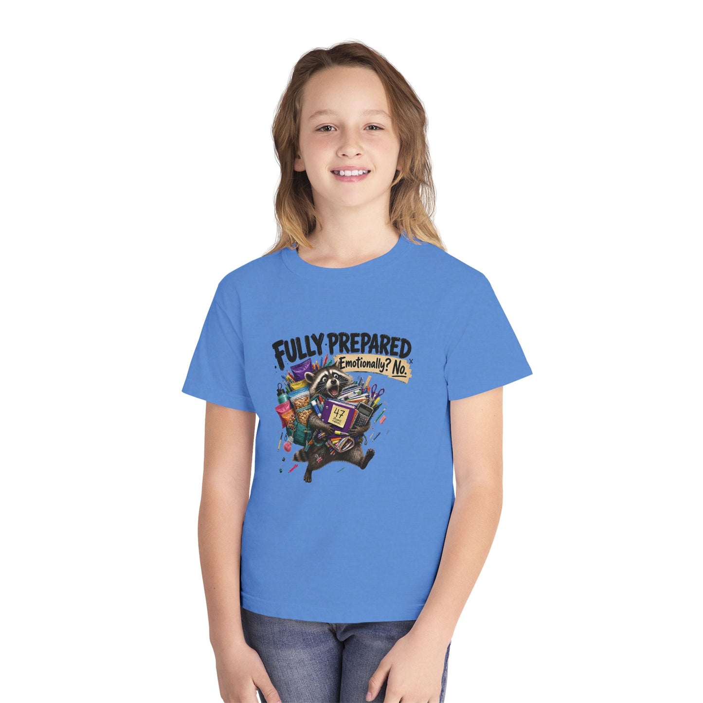 Fully Prepared Raccoon Supplies T-Shirt | Funny Back-to-School Kids Tee
