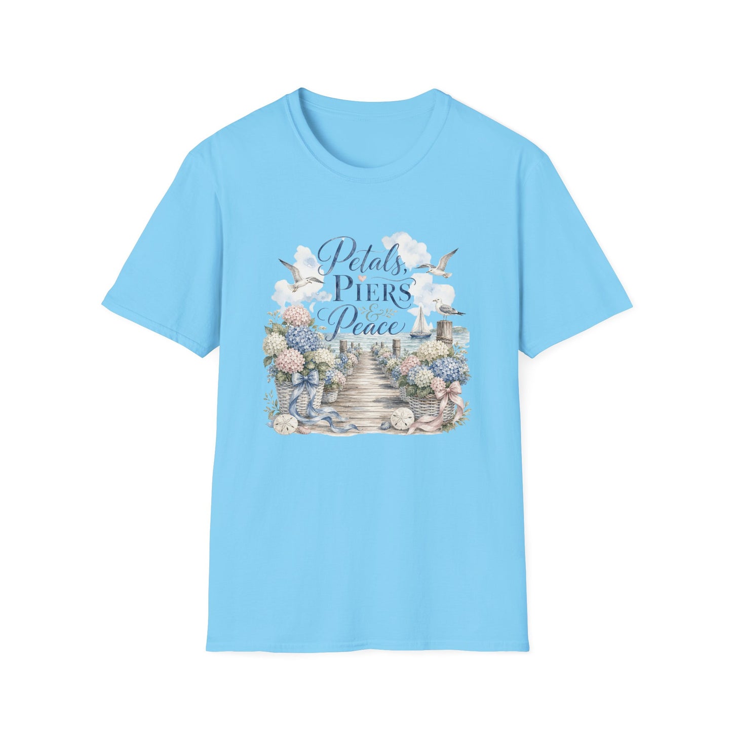 Petals Piers Peace T-Shirt | Coastal Lighthouse Floral Seagulls Design