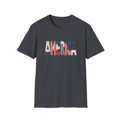American Flag Patchwork Style Letters T-Shirt | Patriotic Fourth of July Tee
