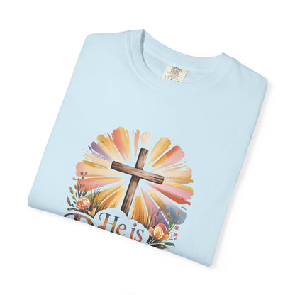 He Is Risen cross sunrise design T-Shirt | Easter faith floral