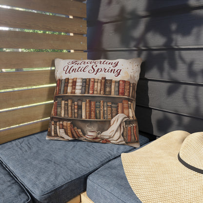 Introverting Until Spring Outdoor Pillow | Bookish Library Design, Cozy Reading Decor