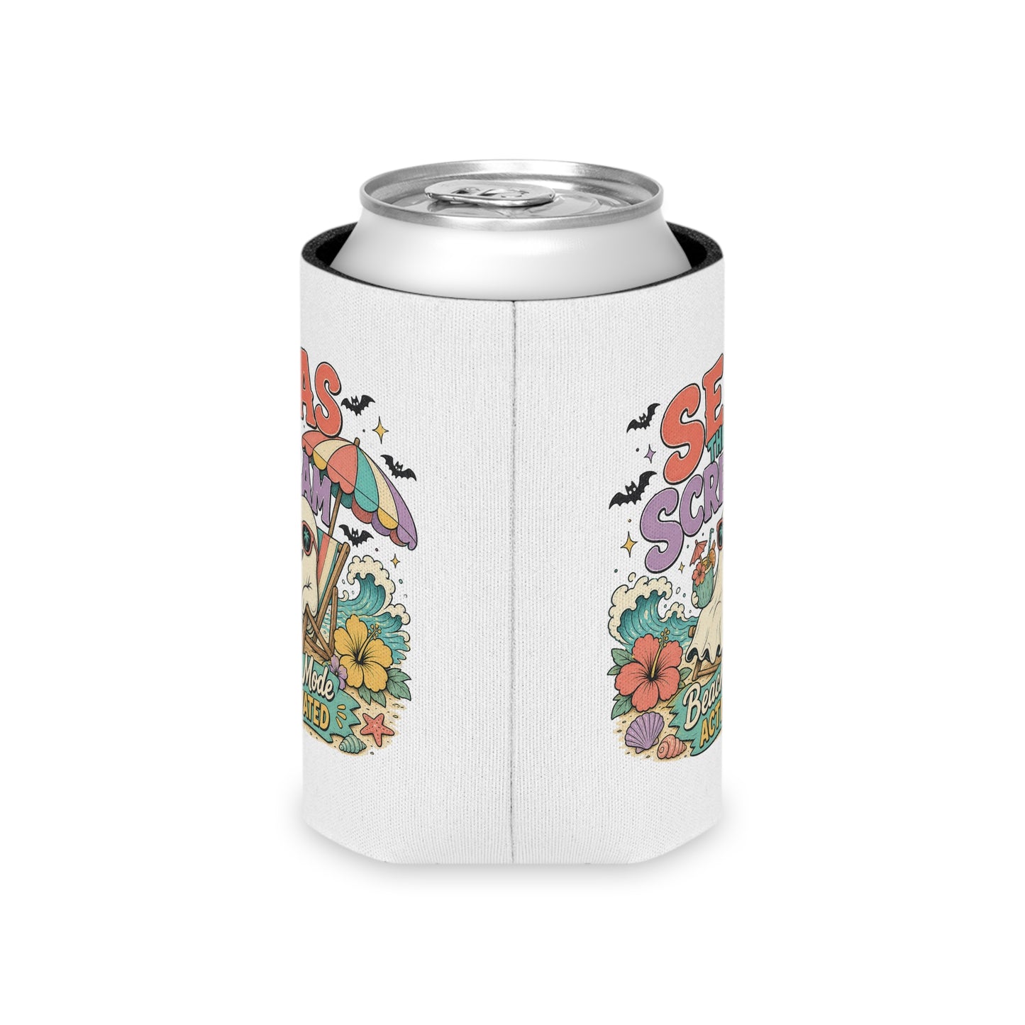 Seas the Scream ghost beach scene Can Cooler | Beach Mode Activated, Tropical Flowers