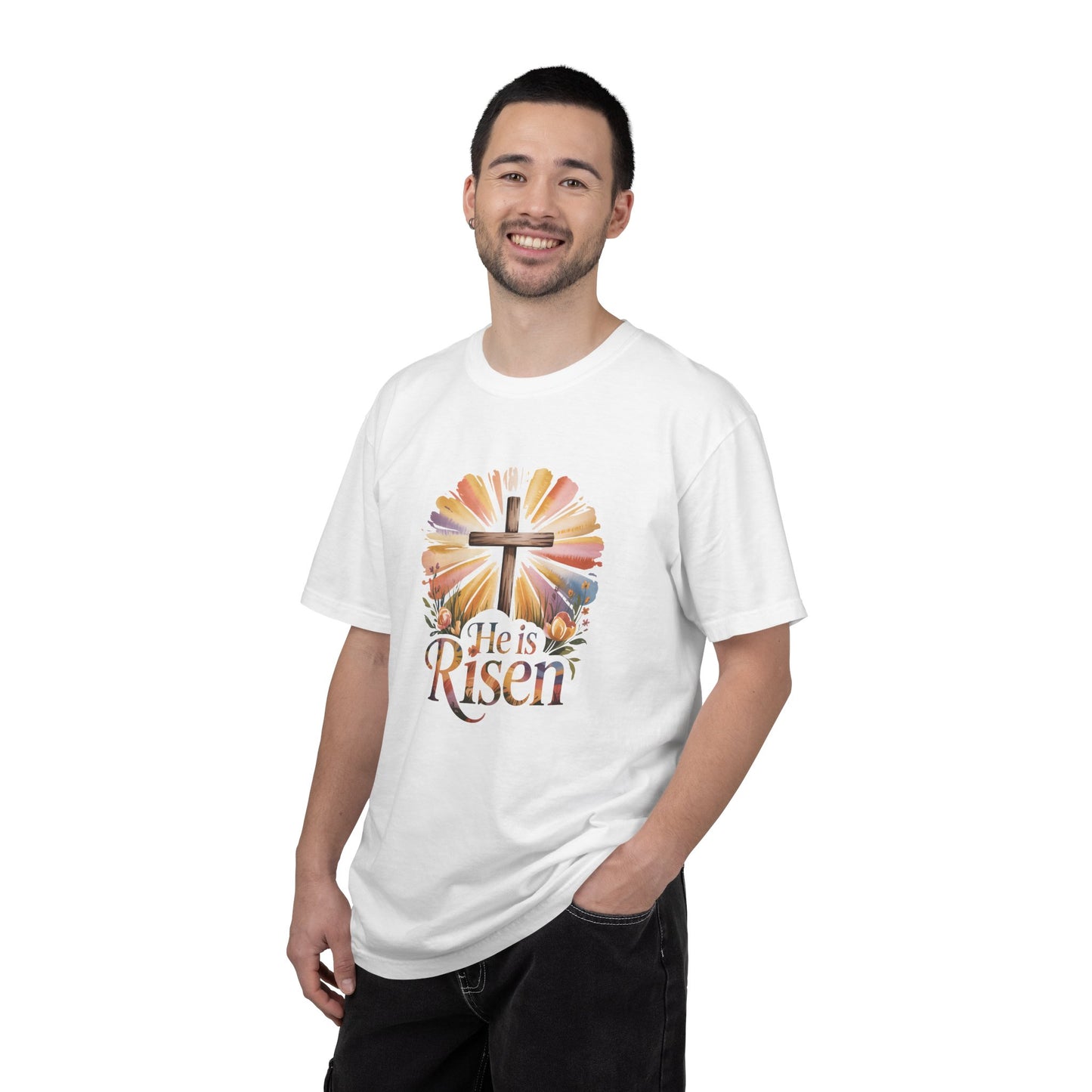 He Is Risen cross sunrise design T-Shirt | Easter faith floral