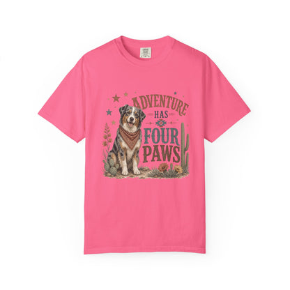 Adventure Has Four Paws T-Shirt | Australian Shepherd Design