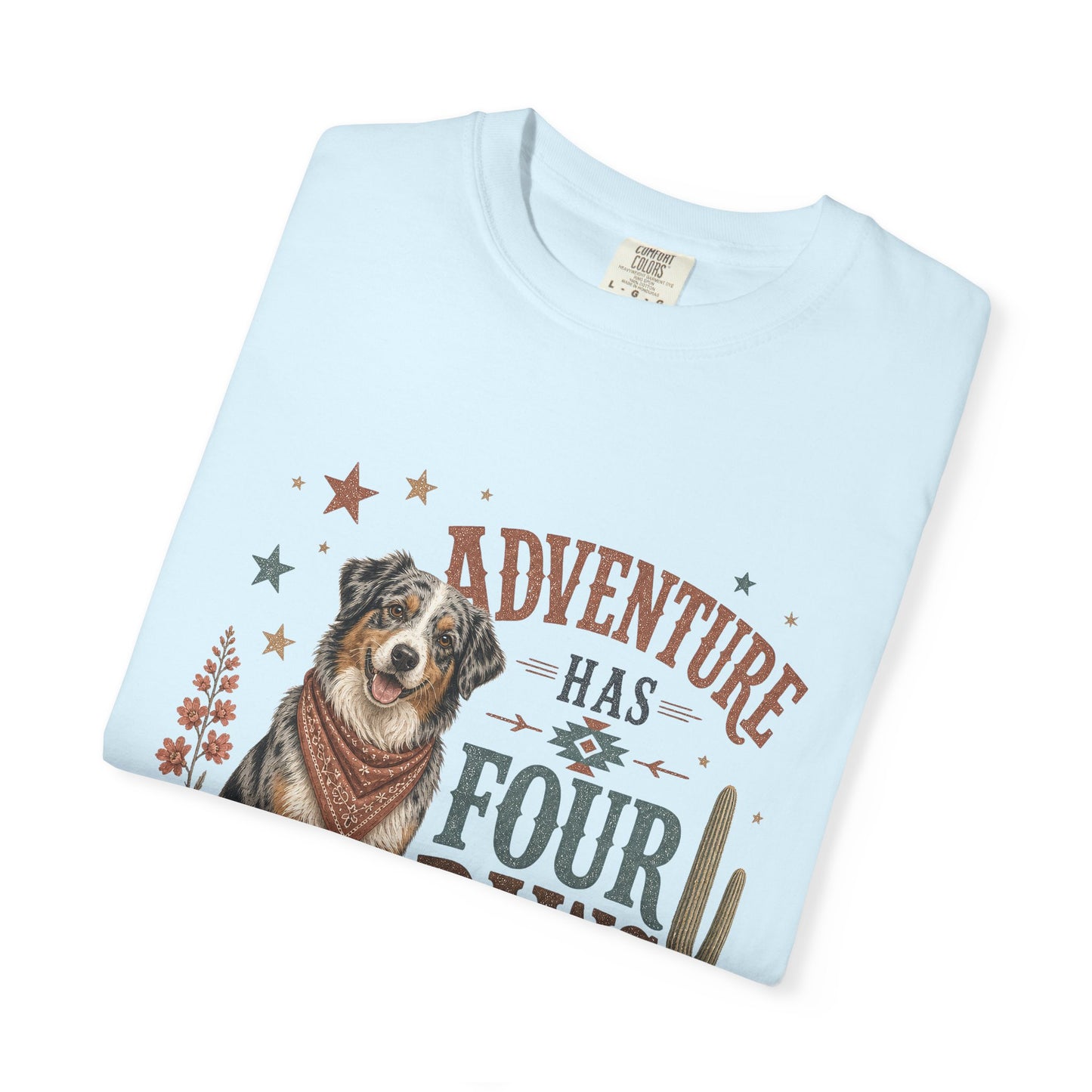 Adventure Has Four Paws T-Shirt | Australian Shepherd Design