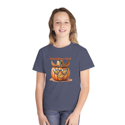 Whimsical Fall Youth Tee - Gourd Bless Tacos, Halloween Shirt, Kids Autumn Apparel, Thanksgiving Humor Top, Funny Seasonal Gift