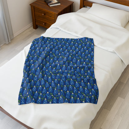 Velveteen Plush Blanket - Texas Bluebonnet Navy Blanket, Warm Cozy Throw, Home Decor Accent, Gift for Her, Floral Pattern Bedding, Soft Sofa