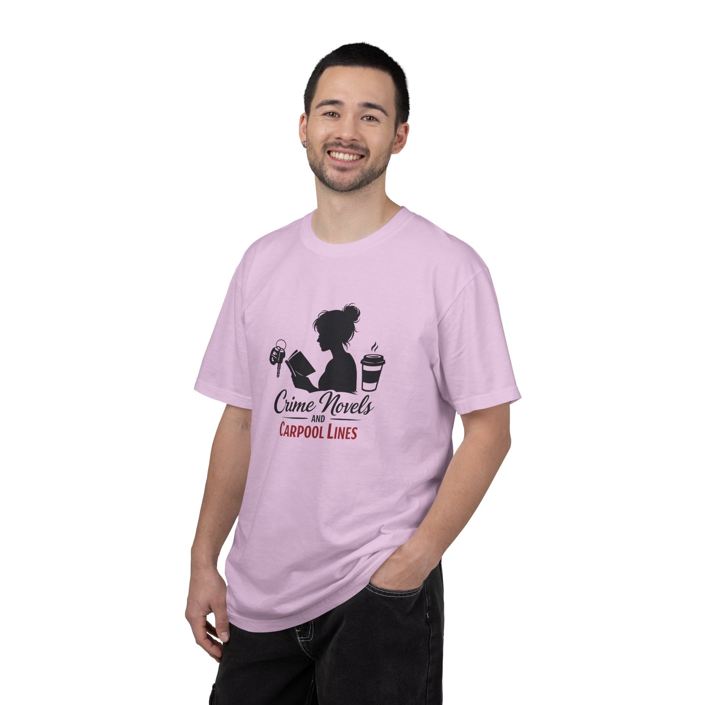 Crime Novels and Carpool Lines T-shirt | Reading Mom Silhouette, Coffee Graphic