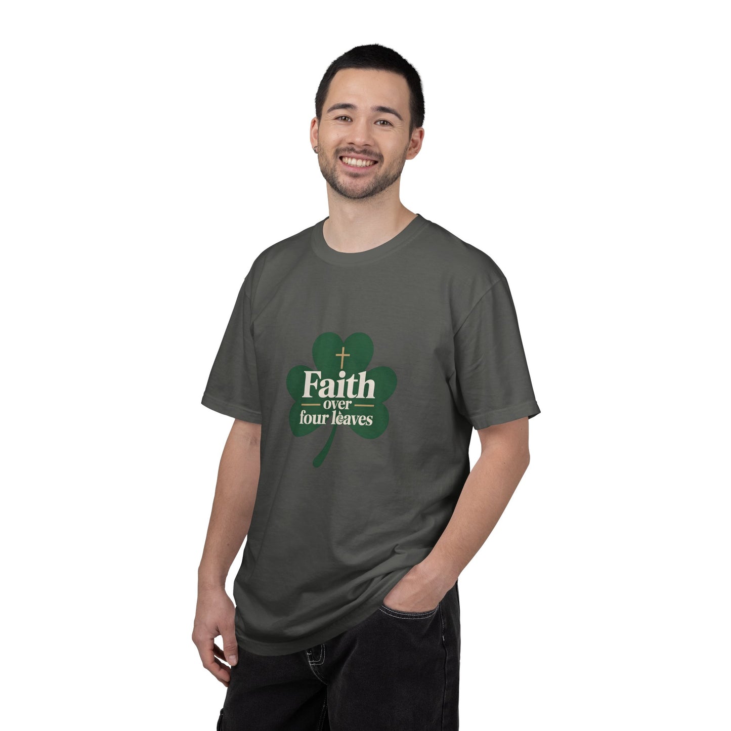Faith Over Four Leaves T-shirt | Shamrock Christian Inspiration