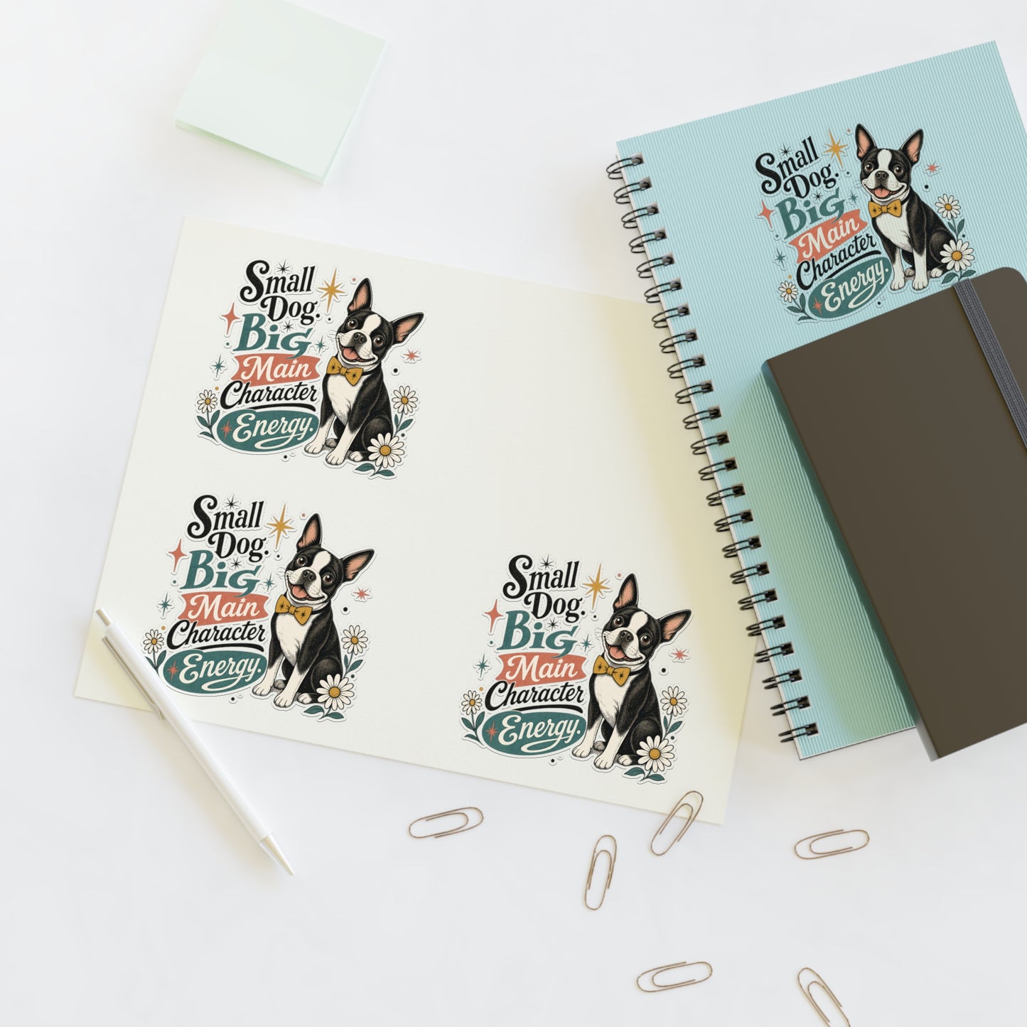 Small Dog Big Main Character Energy Sticker Sheet | Boston Terrier Sticker Set