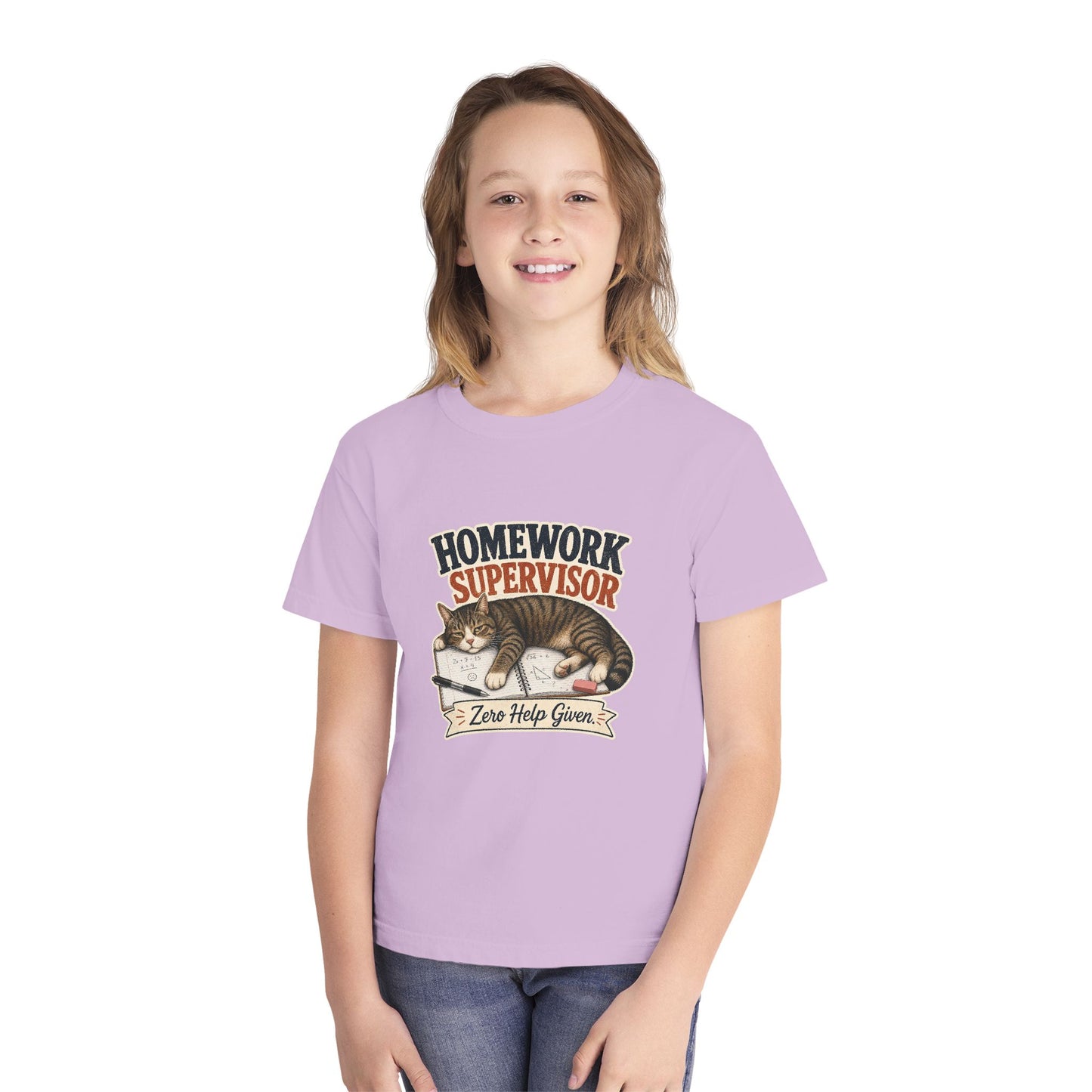 Homework Supervisor Cat Youth Tee | "Zero Help Given" retro kitten design