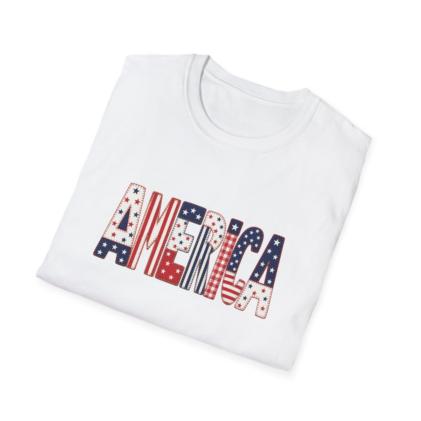 American Flag Patchwork Style Letters T-Shirt | Patriotic Fourth of July Tee
