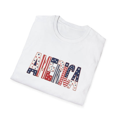 American Flag Patchwork Style Letters T-Shirt | Patriotic Fourth of July Tee