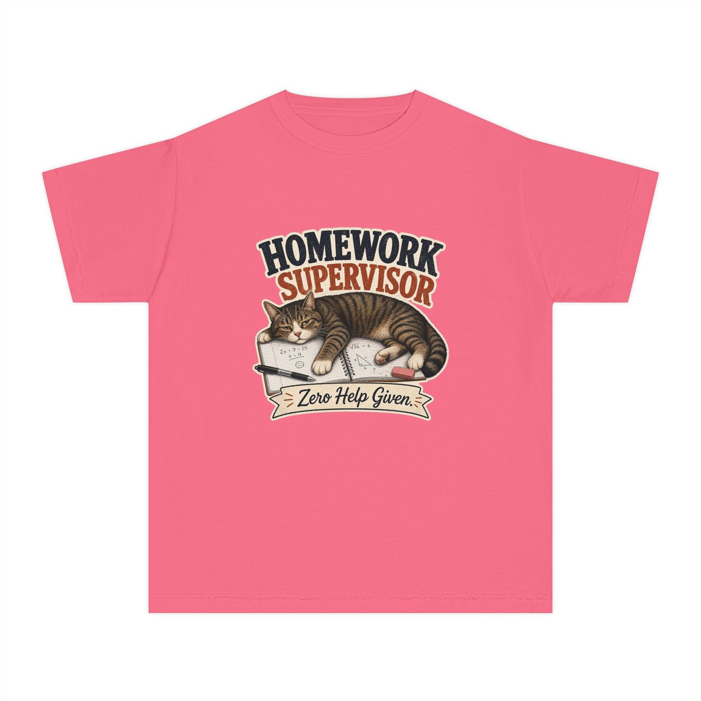 Homework Supervisor Cat Youth Tee | "Zero Help Given" retro kitten design