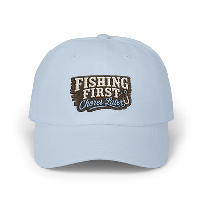Fishing First Chores Later Dad Cap | Embroidered Fishing Hat