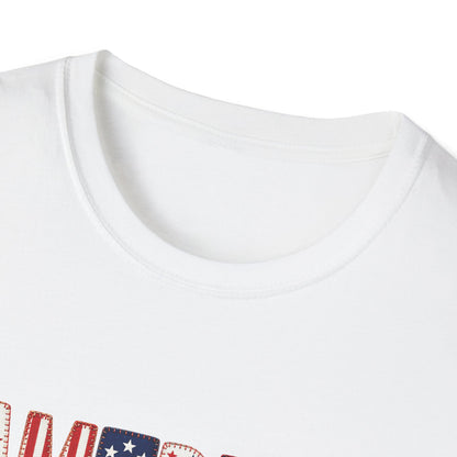 American Flag Patchwork Style Letters T-Shirt | Patriotic Fourth of July Tee