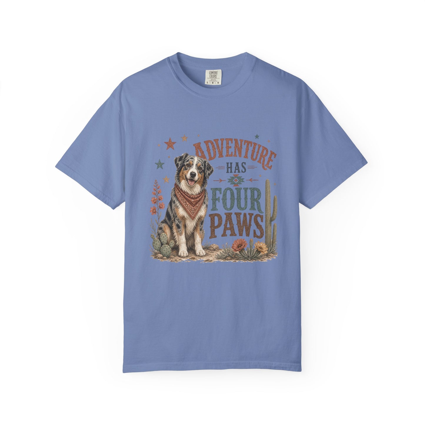 Adventure Has Four Paws T-Shirt | Australian Shepherd Design