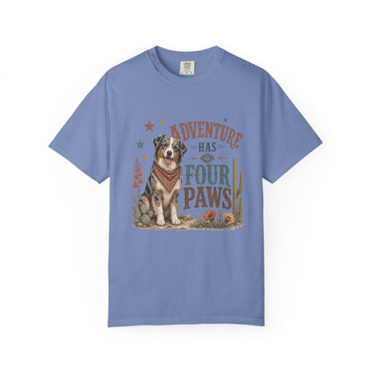 Adventure Has Four Paws T-Shirt | Australian Shepherd Design