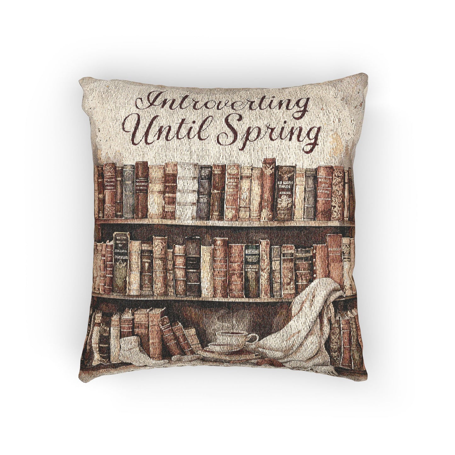Introverting Until Spring Book Lover Woven Pillow, Literary Pillow, Reading Nook Decor, Cozy Bookworm Cushion, Quiet Reading Corner Pillow