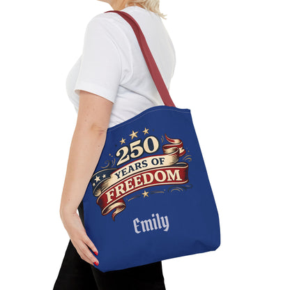 250 Years of Freedom Tote Bag | Patriotic Flag Ribbon Design