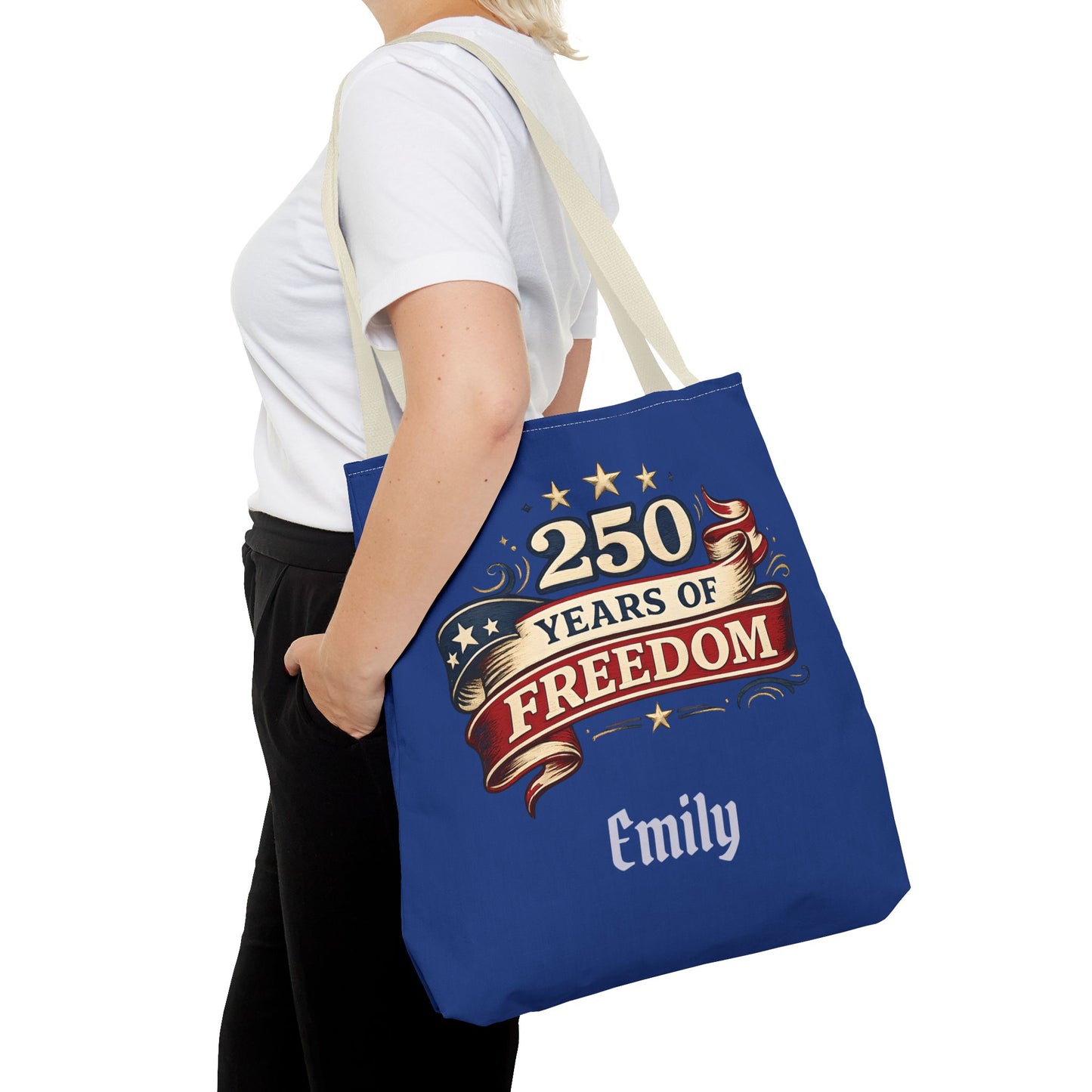 250 Years of Freedom Tote Bag | Patriotic Flag Ribbon Design