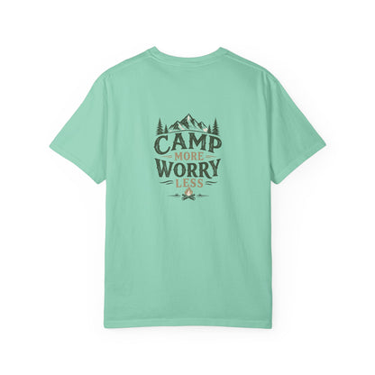 Camp More Worry Less T-shirt | Camping Mountains Pine Trees Design