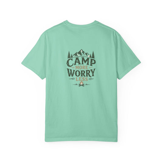 Camp More Worry Less T-shirt | Camping Mountains Pine Trees Design