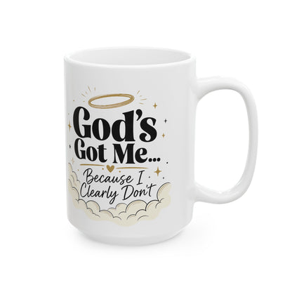 God's Got Me Mug | Religious Christian Coffee Cup with Halo & Clouds