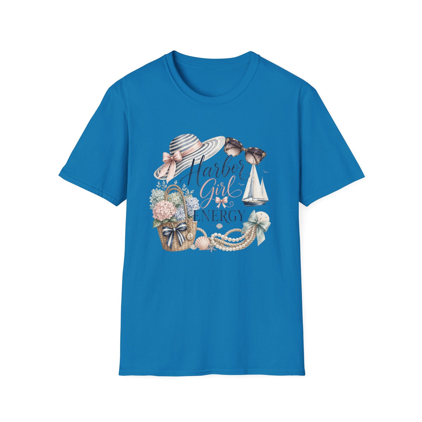 Harbor Girl illustration T-Shirt | Nautical hat, sailboat, seashells