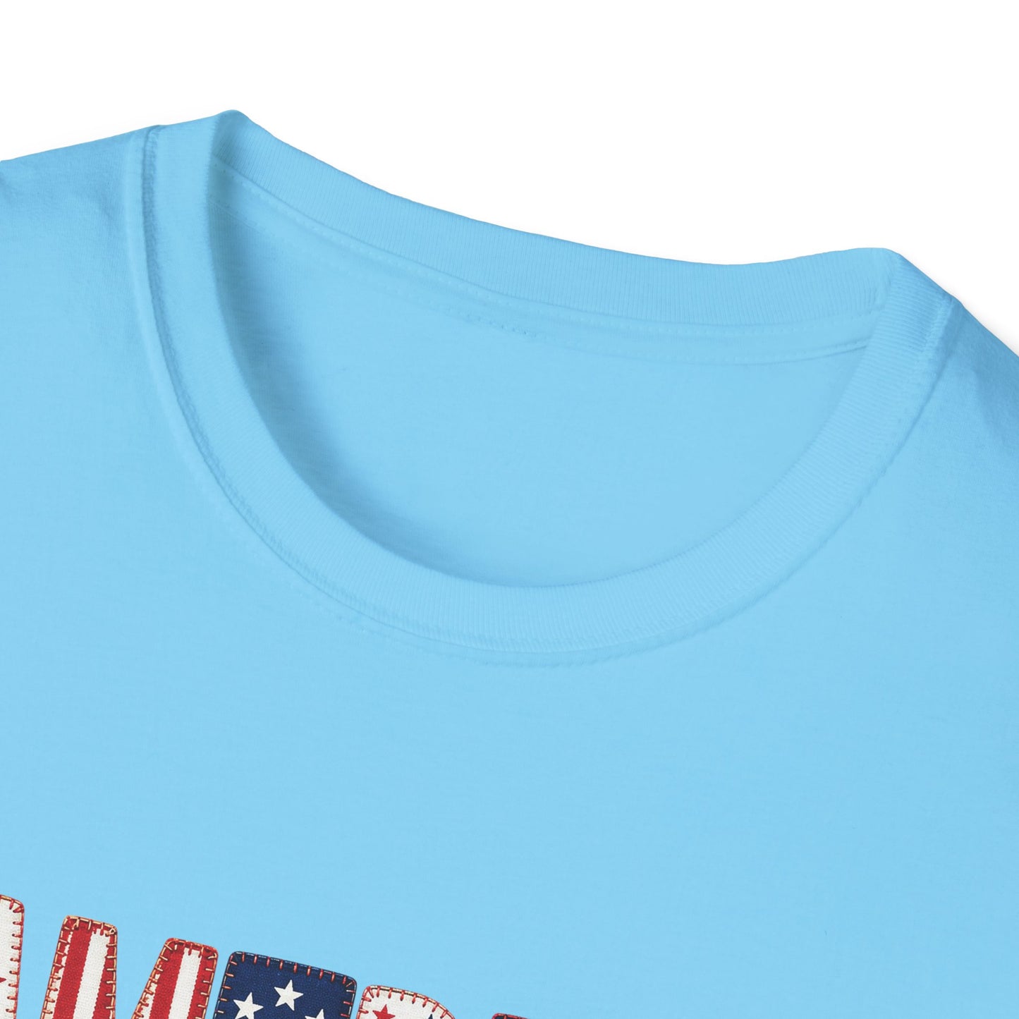 American Flag Patchwork Style Letters T-Shirt | Patriotic Fourth of July Tee