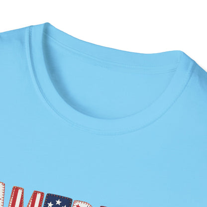 American Flag Patchwork Style Letters T-Shirt | Patriotic Fourth of July Tee