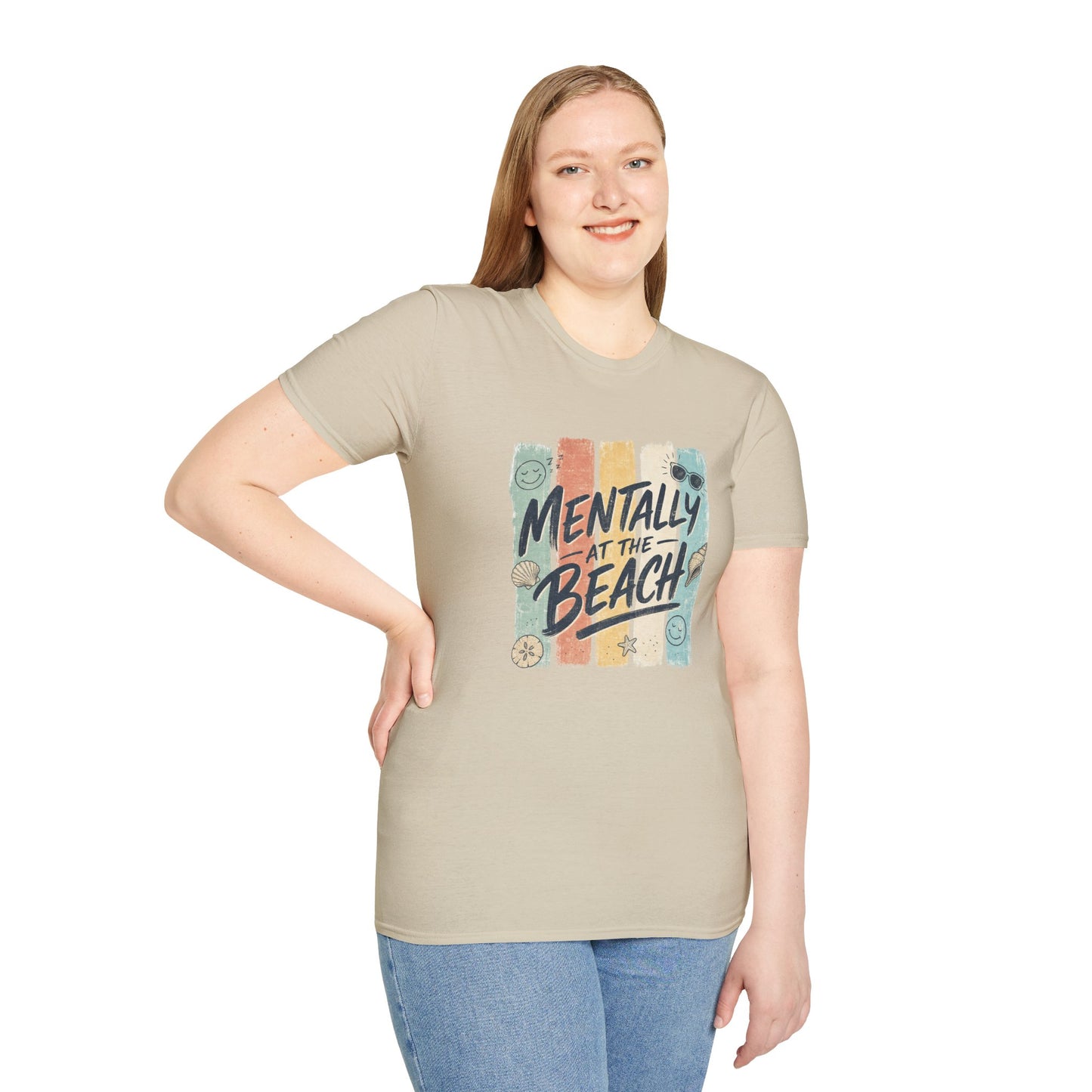 Mentally at the Beach T-Shirt | Retro Stripes, Sunglasses & Seashells