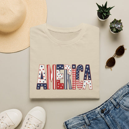 American Flag Patchwork Style Letters T-Shirt | Patriotic Fourth of July Tee