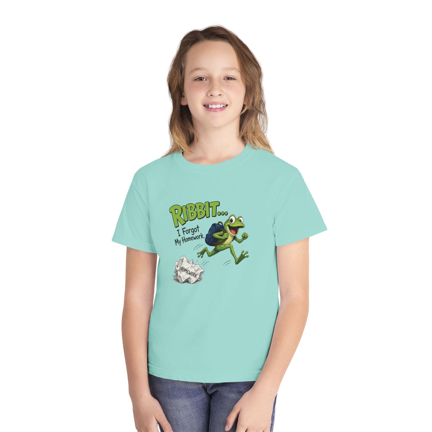 Ribbit Frog Character Youth Tee | Funny Forgot My Homework Design