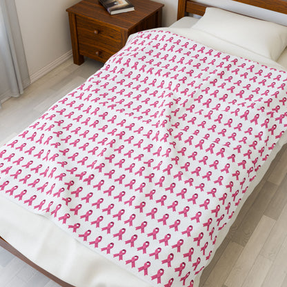 Soft Pink Ribbon Velveteen Blanket | Cozy Plush Throw for Breast Cancer Awareness, Comfort, Gift for Her, Home Decor, Cozy Snuggle, White