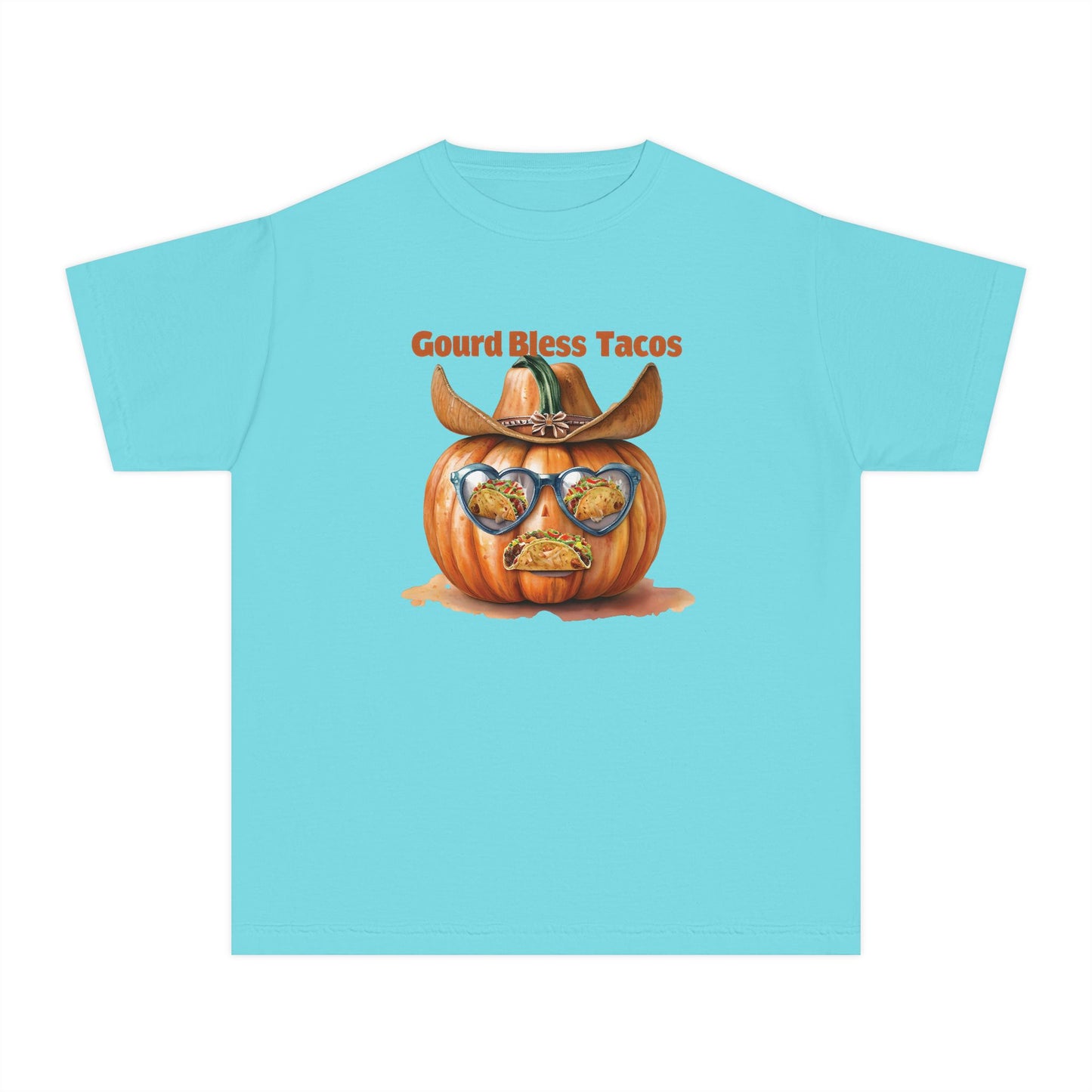 Whimsical Fall Youth Tee - Gourd Bless Tacos, Halloween Shirt, Kids Autumn Apparel, Thanksgiving Humor Top, Funny Seasonal Gift