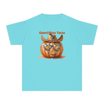Whimsical Fall Youth Tee - Gourd Bless Tacos, Halloween Shirt, Kids Autumn Apparel, Thanksgiving Humor Top, Funny Seasonal Gift
