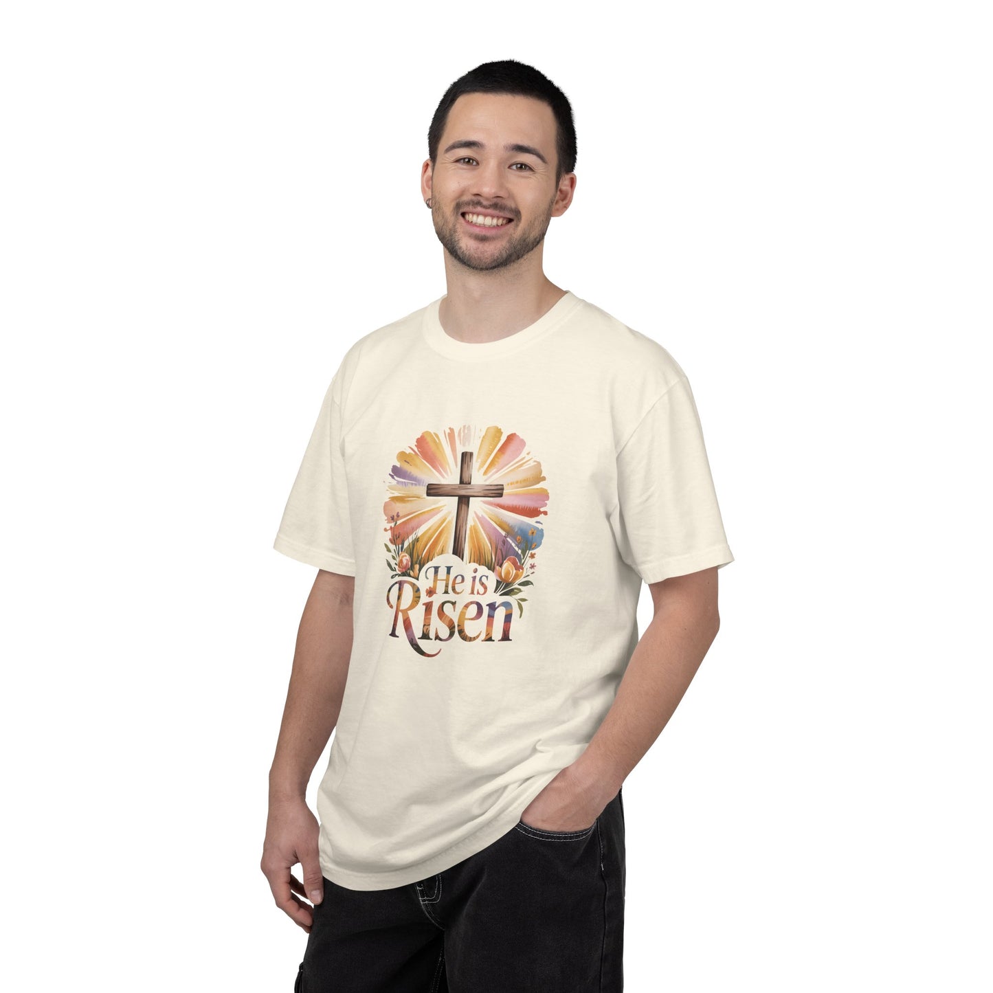 He Is Risen cross sunrise design T-Shirt | Easter faith floral