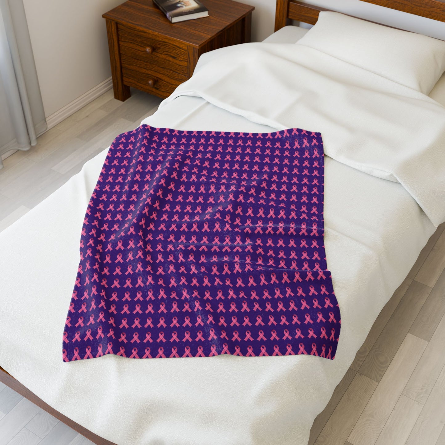 Soft Pink Ribbon Velveteen Blanket | Cozy Plush Throw for Breast Cancer Awareness, Comfort, Gift for Her, Home Decor, Cozy Snuggle, Purple