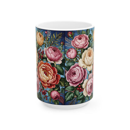 Vintage Rose Floral Pattern Mug | Ceramic Coffee Cup, Botanical Peonies