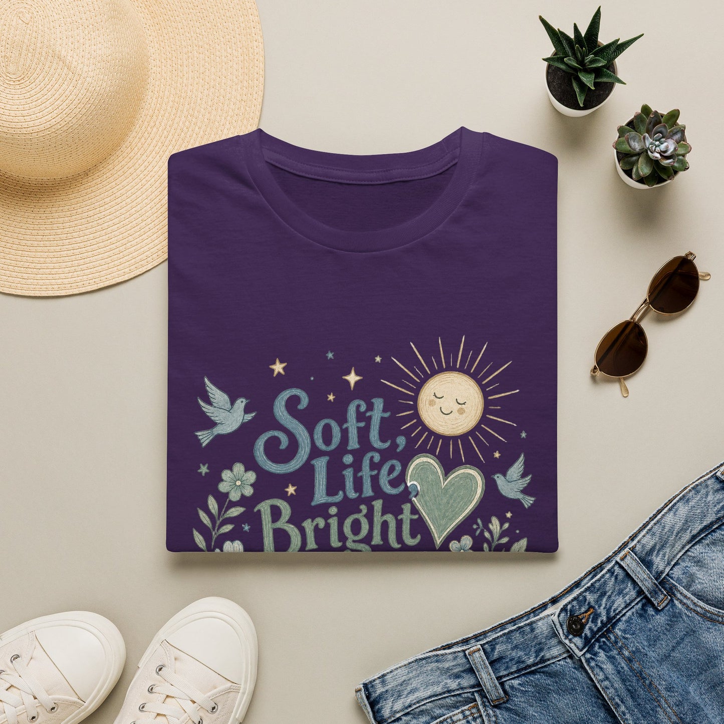 Soft Life Bright Heart T-Shirt | sun, doves, floral graphic